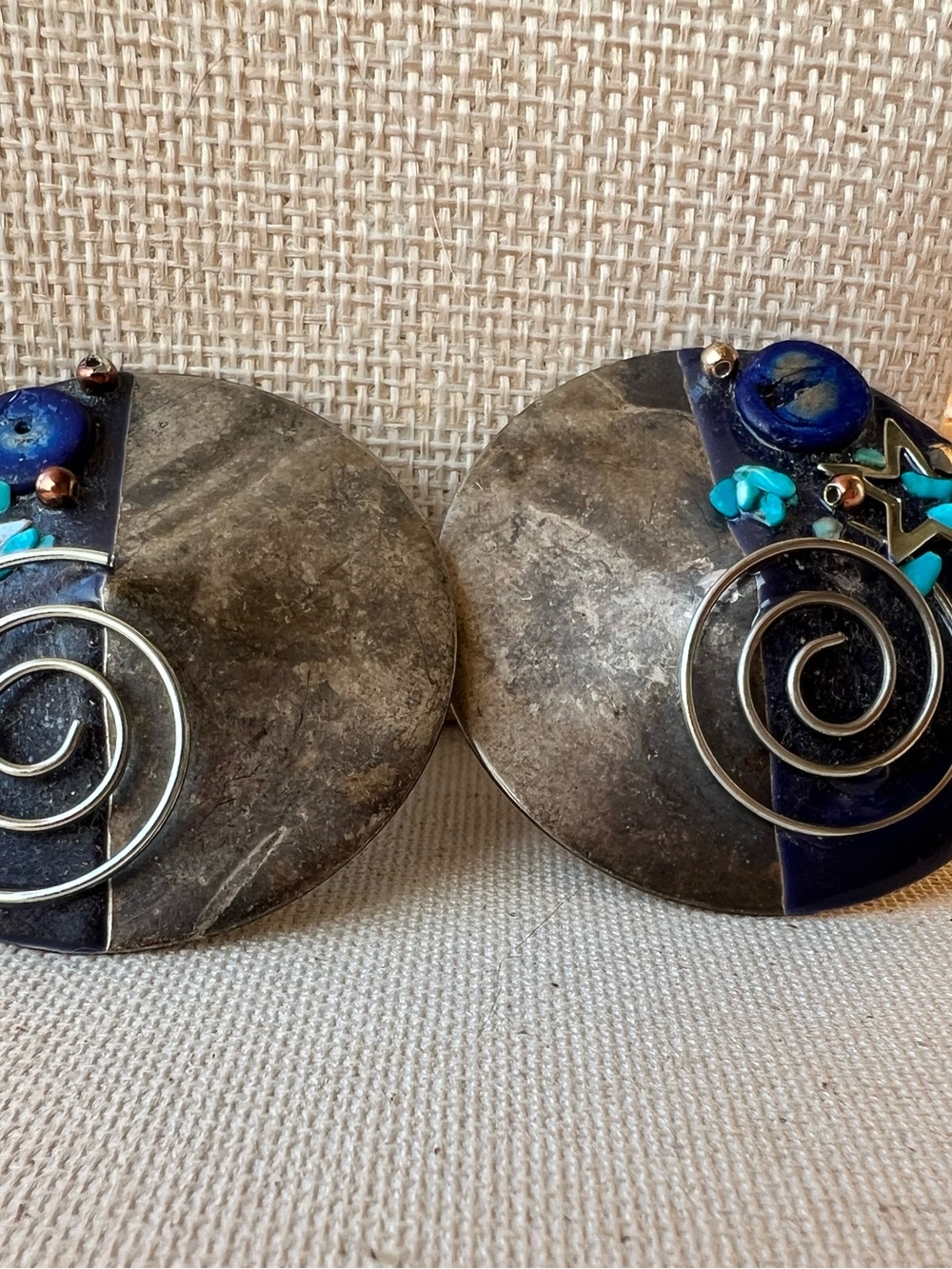 Artisan Blue and Turquoise Spiral Disc Earrings